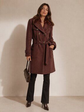 Bebe✨Y2k Belted Wool Blend Trench Rabbit Fur Collar- Rich Brown